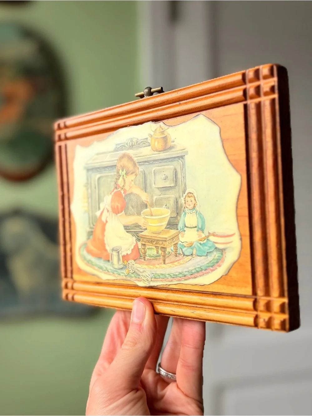 Vintage 1970s Wooden Plaque with Illustration of Girl Baking with Doll